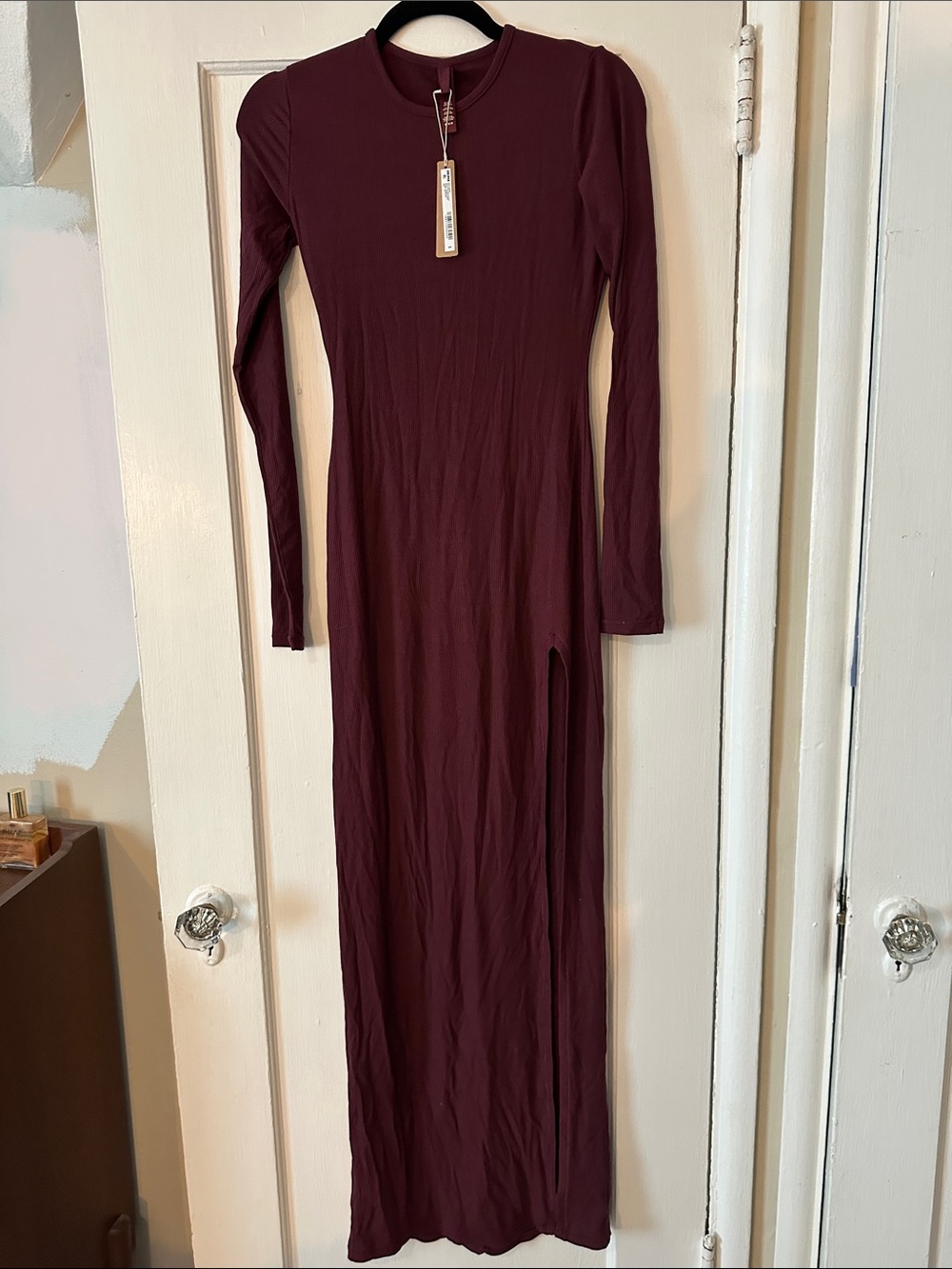 SKIMS Long Sleeve Maxi Dress with slit front in Burgundy Wine